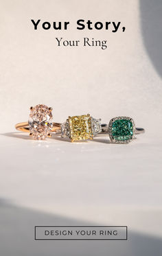 three rings with different colored stones on them and the words your story, your ring