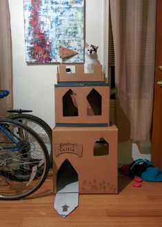 a cat sitting on top of a cardboard castle next to a bicycle parked in front of it