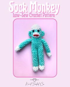 a crocheted sock monkey sitting on top of a pink background with the title sock monkey low - sew crochet pattern