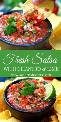 fresh salsa with cilantro and lime in a bowl surrounded by tortilla chips