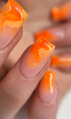 Orange ombre marble nail art created by a Licensed Nail Technician using Gel Polish from Tickled Pinque Canada! Subtle Orange Nails, Orange Marble Nails Acrylic, Orange Nail Ideas Acrylic, Coloured Ombre Nails, Nails Orange Design, Ombre Nails Orange, Orange And Yellow Nail Designs, Gel Nails Orange, Orange Marble Nails