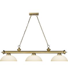 three light brass island fixture with white glass shades