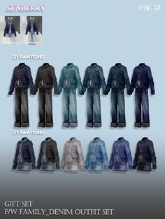 a group of men's denim outfits with different styles and colors for each individual