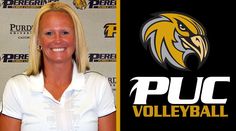 a woman in white shirt standing next to a black and yellow wall with the puc volleyball logo on it