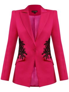 Tia Dorraine masters the art of modern tailoring with this bright pink power suit.  The fully lined blazer is made from a luxurious stretch cotton blend fabric in a form-fitting, single-breasted style. It has sharp shoulders, seamlessly integrated flap pockets and a same-fabric button for a contemporary touch.  Showcasing the brand's impeccable craftsmanship, the blazer is accented with contrasting black embroidery placed on both sides over the seamlessly integrated flap pockets which gives this Blazer With Embroidery, Sharp Shoulders, Medieval Things, Modern Tailoring, Light Blazer, Woman Suit, Tailored Suit, Blazer Jackets For Women, Satin Blazer