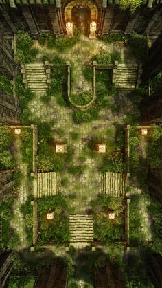 an aerial view of a courtyard with steps and plants growing on the ground, looking down