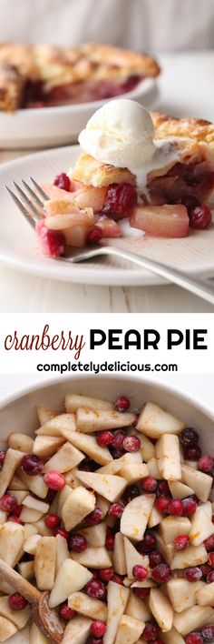 two plates with food on them and the same plate has an ice cream, cranberry pear pie in it