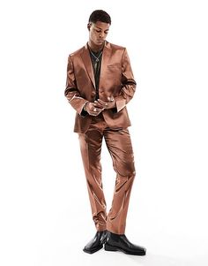 ASOS DESIGN regular suit jacket in gold satin | ASOS Copper Groomsmen, Copper Suit, Gangster Suit, Satin Suits, Suit Prom, Prom Suit, Satin Suit, Prom Suits, Pinstripe Suit