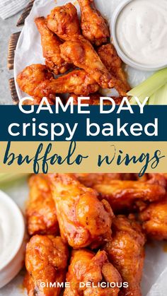 chicken wings with ranch sauce on the side and text game day crispy baked buffalo wings