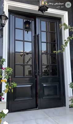 two black double doors with sidelights on the outside