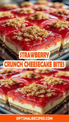 three pictures showing different types of cheesecakes with strawberries and crumbs on top