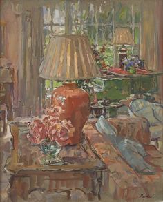 an oil painting of a table with flowers on it and a lamp in the background