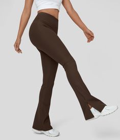 Women’s Ribbed High Waisted Split Flared Yoga Full Length Leggings - HALARA Brown Flare Leggings, Olive Leggings, Cross Leggings, Plain Leggings, Brown Flares, Leggings With Pockets, Flared Trousers, Performance Leggings, Running Leggings