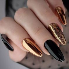 28 Gold Chrome Nails 2024: Luxe Trends & Chic Designs - divagaze.com Black And Gold Tips Nails, Gold Chrome And Glitter Nails, Black And Gold Nail Designs Glitter, Gold Black Nails Design, Black Gold Chrome Nails, Black Nails With Gold Chrome, 2024 Nail Trends Design, Gold Nail Designs Acrylic, Nail Black And Gold