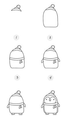 the instructions for how to draw a penguin with two hats and one hat on it