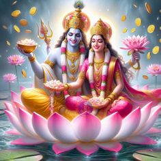 two people sitting on top of a pink flower with money floating in the water behind them