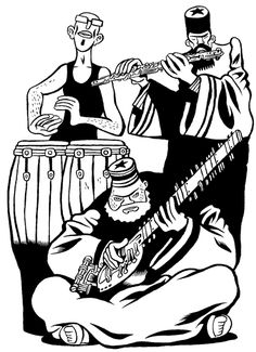 black and white drawing of two men playing instruments