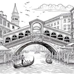 a black and white drawing of a gondola passing under a bridge