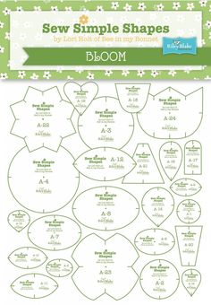 the sewing pattern for sew simple shapes is shown in green and white, as well as