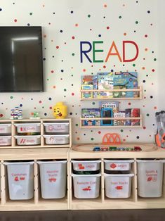 the children's playroom is decorated with polka dot wallpaper and colorful bins