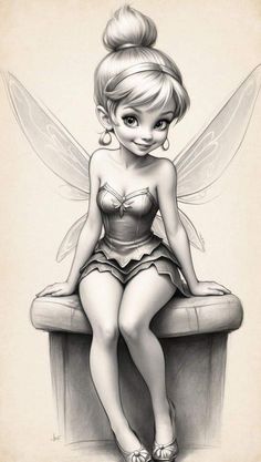 a black and white drawing of a fairy sitting on top of a bench with her eyes closed