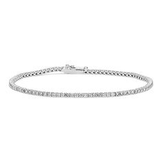 Leave them speechless with this natural diamond tennis bracelet. Set in bright 14-karat white gold  the hand-matched diamonds will sparkle from across the room. A secure box clasp and figure-eight safety latch offer worry-free wear. Silver Tennis Bracelet, Diamond Tennis Bracelet, Box Clasp, Tennis Bracelet Diamond, Tennis Bracelet, Bracelet Set, Natural Diamonds, Tennis, Diamonds