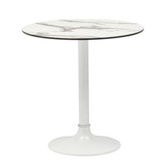 a white table with a black top and marbled design on the base is shown in front of a white background