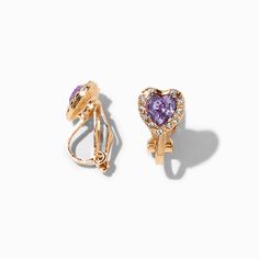 Show some love with these clip-on beauties. The heart-shaped earrings have purple faux crystal hearts that are surrounded by faux crystals in a halo design.Finish: Gold-toneClosure: Clip on Material: Plastic - Claire's Purple Heart Halo Clip-On Stud Earrings Fun Clip On Earrings, Elegant Purple Clip-on Earrings For Party, Claires Heart Earrings, Claires Earrings Clip Ons, Purple Clip-on Earrings, Purple Heart-shaped Pierced Earrings, Fun Clip, Heart Halo, Fake Glasses