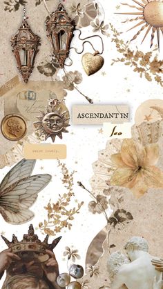 an assortment of decorative items on top of a white background with the words ascendant in