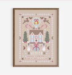 a cross stitch pattern with the words winter in front of a house and christmas trees