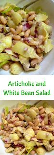 artichoke and white bean salad is shown in two separate pictures, one with green beans