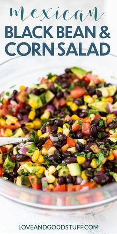 mexican black bean and corn salad in a glass bowl with the title text overlay