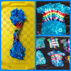 tie - dyed shirts and other crafting materials are displayed on a yellow tray with blue squares