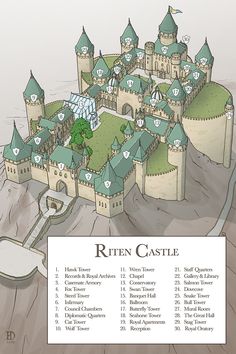 an illustration of a castle with lots of rooms and towers on it's roof