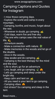 the camping captions and quotes for instagrams are shown in this screenshot