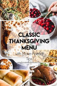 thanksgiving dinner menu with turkey, cranberry sauce and other foods on the table