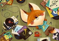 an illustration of a fox laying on top of records and other items that are scattered around it