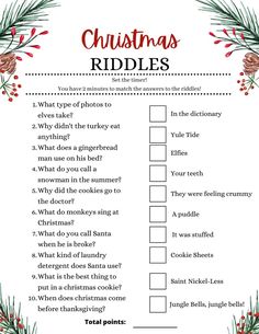 the christmas riddles game is shown in red and green with pine cones on it