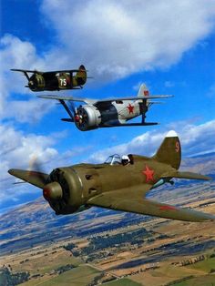 A pair of Polikarpov I-3s, circa 1938, and an I- 15, circa 1938-1943. Soviet era fighters designed by Nikolai Polikarpov. Old Planes, Military Jets