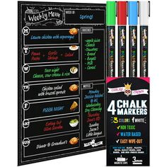 a chalkboard with markers and pens on it next to a blackboard sign that says 4 chalk makers