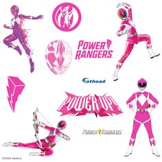 the power rangers characters are in pink and white outfits, with different designs on them