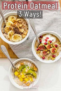 three bowls filled with oatmeal and fruit on top of a cutting board