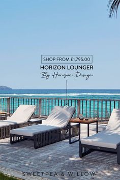 an advertisement for the horizon lounger is shown in front of water and palm trees