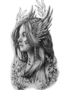 a drawing of a woman with feathers on her head and leaves around her neck,