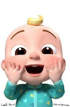 an animated baby doll is holding his hands up to his face and looking at the camera