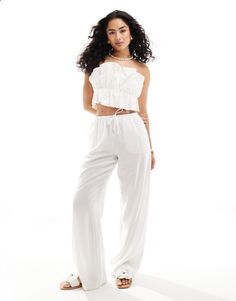 Wide Leg Pants by Bershka Make your jeans jealous High rise Drawstring waistband Side pockets Wide leg White Beach Trousers, Zara Bohemian White Bottoms, Bershka Trousers, High-waisted Linen Beach Pants, Bershka Loop Pants, Wide Leg Linen Trousers, Holiday Dress Outfit, Wide Leg Linen Pants, Long Sleeve Floral Dress