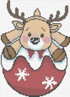 a cross stitch christmas ornament with a teddy bear and reindeer's head