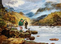 a painting of two men fishing on the river