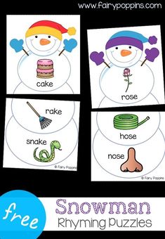 snowman rhyming puzzles for kids to practice letter recognition and matching words with pictures