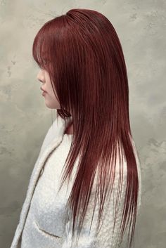 This haircut highlights a straight style that lets the rich cherry red color really stand out. The hair is cut straight across and looks healthy and full, with the color framing the face nicely. The bright shade, like fresh cherries, adds a dramatic flair, making sure the person will be noticed in a group. - Click to see more of Stunning Hairstyles to Elevate Your Deep Cherry Red Hair and follow us for more hairstyle ideas. // Photo Credit: Instagram @mui_lhyun Haircut Highlights